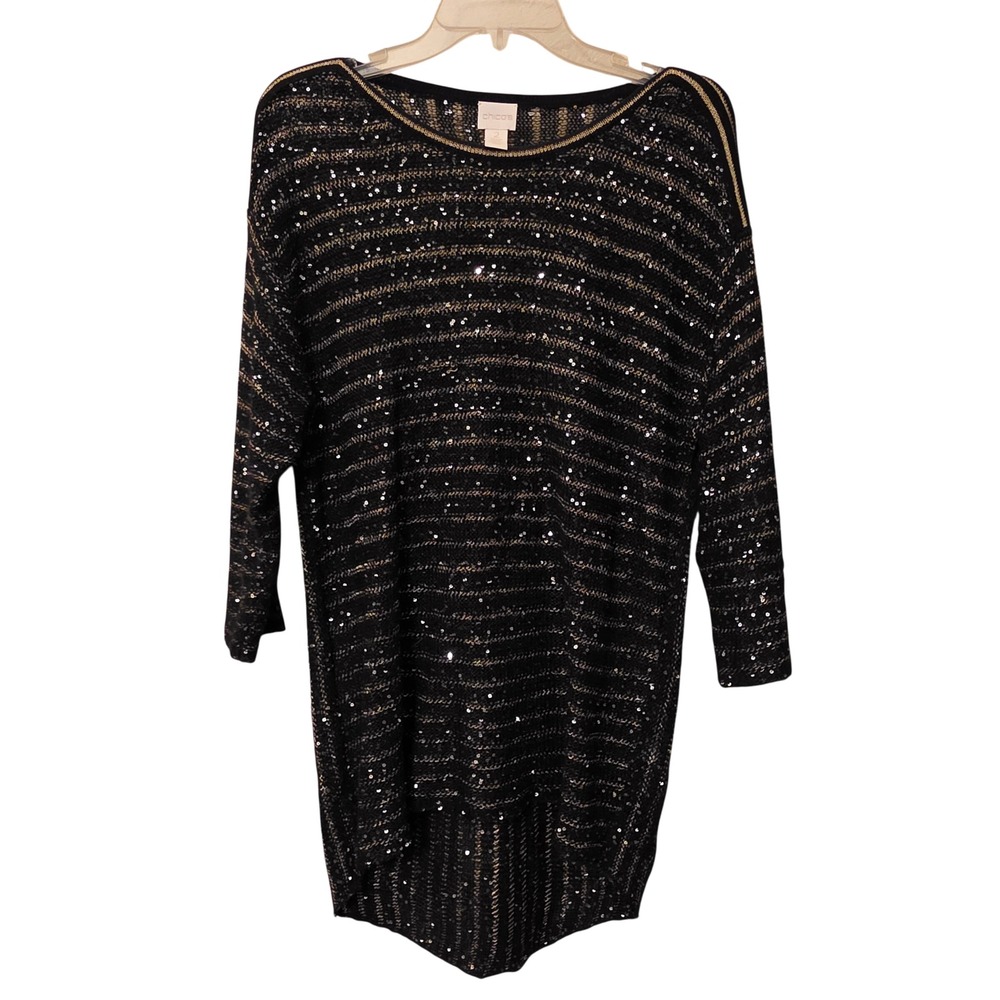 Chico's Black Gold Sequin Metallic Striped High Low Knit Tunic Top Size 2 L